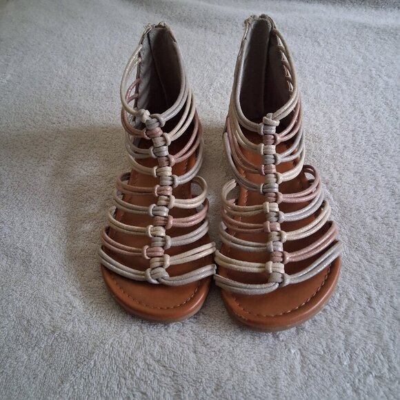 Justice Girl's Size 1 Metallic Gold Silver Bronze Strappy Gladiator Sandals - Picture 2 of 12